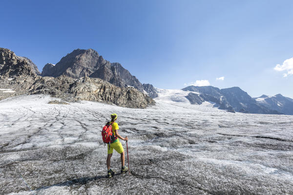 Hiker admiring Fellaria Glacier during summer, Malenco Valley, Sondrio Province, Valtellina, Lombardy, Italy Europe