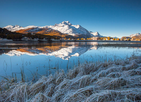 Switzerland, frost at Sils lake, in the background Margna peak, Engiadin