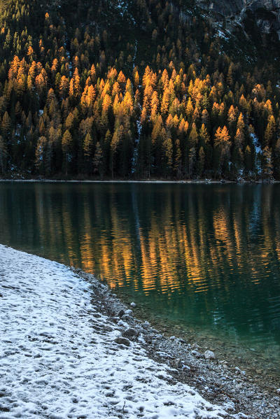 Dolomites, autumn reflection at Braies lake, Trentino Alto Adige, Italy
