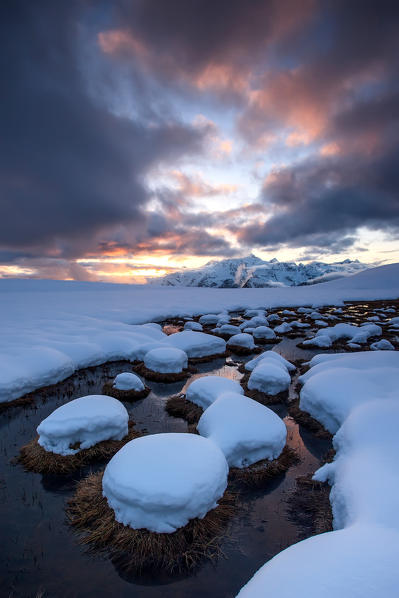 Snow forms at sunset in Campagneda, Malenco Valley, Lombardy, Italy, Europe