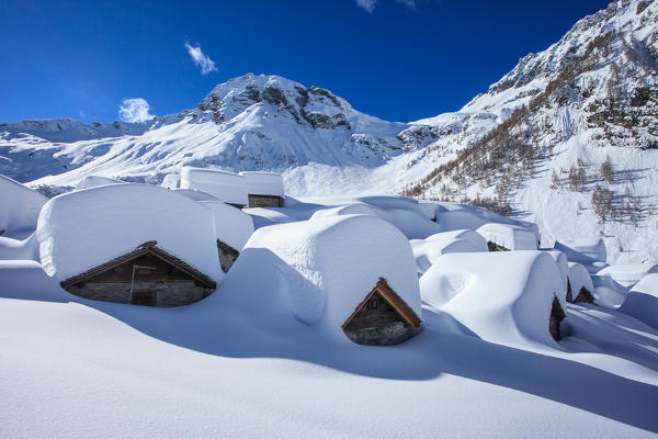 Chiavenna valley, Lombardy, snowy winter to Lendine alp, Valtellina, Italy