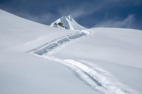 Track on the snow at Orobie alps, Tartano valley, Lombardy, Italy