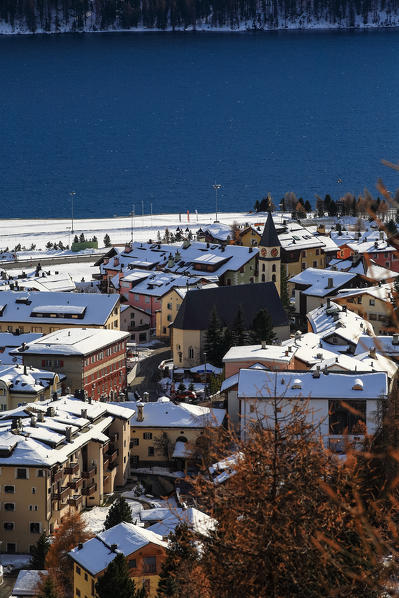 Switzerland, Silvaplana village at Silvaplana lake in winter