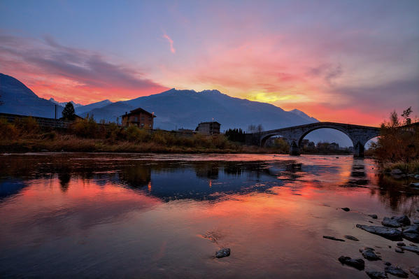 Morbegno, rio Adda, sunset at Ganda bridge, Valtellina, Lombardy, italy