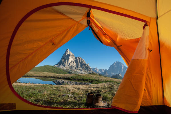 Veneto, Italy, La Gusela peak from the inside of the tent, in the background the Tofana di Rozes, Dolomites, Italy