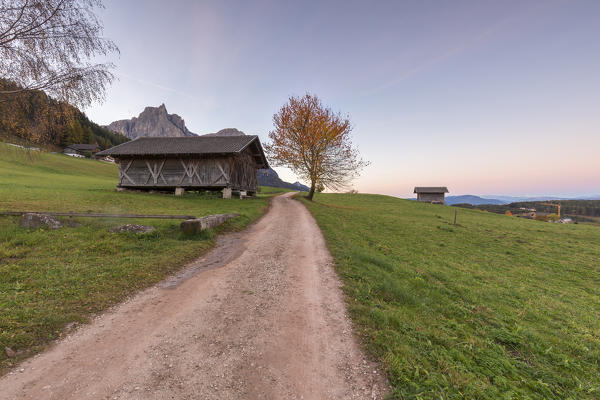 Wood hut with Punta Santner on background, Castelrotto, Seiser Alm, Bolzano province, South Tyrol, Italy