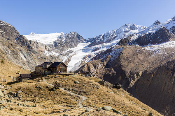 Rifugio Pio XI (Weisskugelhuette) at the foot of Palla Bianca glacier, Vallelunga, province of Bolzano, South Tyrol, Italy
