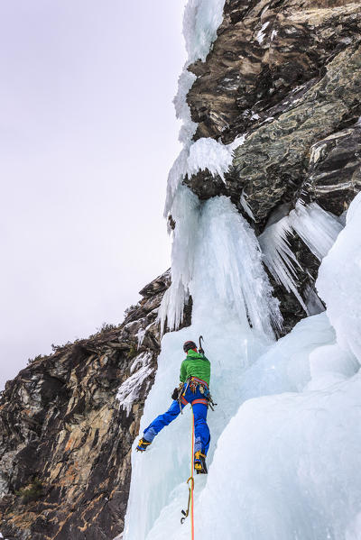 Ice climbing, Specchi icefall (Cascata degli Specchi), Malenco Valley, Valtellina, Lombardy, province of Sondrio, Italy