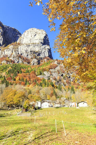 Ca dei Panscer in autumn framed by the rock wall of Precipizio degli Asteroidi, Val di Mello, Val Masino, Sondrio, Valtellina, Lombardy, Italy