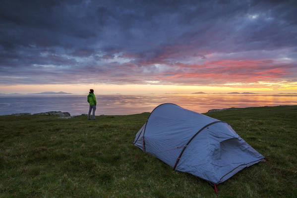 Sunset with tent at Neist Point, Isle of Skye, Scotland, United Kingdom, Northern europe 