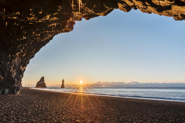 Sunrise from cave at Reynisfjara beach, Vík í Mýrdal, Southern Iceland, Iceland, Northern Europe