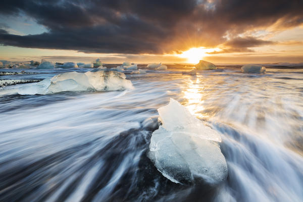 Blocks of ice at sunrise, Jökulsárlón, Diamond beach, Austurland, Iceland, Northern Europe
