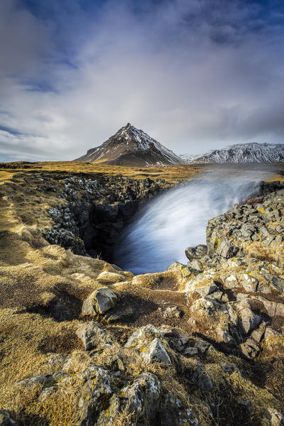 Water spry from a cave, Arnarstapi, Snæfellsnes Peninsula, Iceland, Northern Europe 