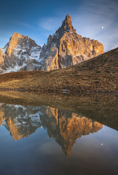 Reflection of the Cimon della Pala in the lake, Passo Rolle, Trento, Trentino Alto Adige, Italy, Southern Europe
