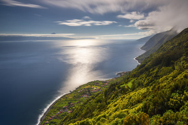 A view of Faja de Sao Joao and Pico island in the distance from a  viewpoint, Calheta, Sao Jorge, Azores, Portugal, Western Europe