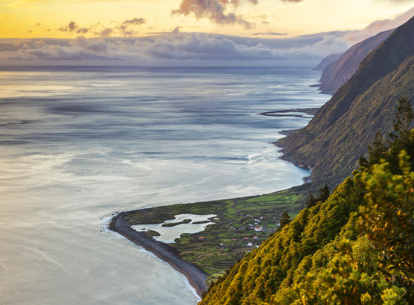 Sunrise at viewpoint of Faja dos Cubres, Calheta, Norte Pequeno, Sao Jorge, Azores, Portugal, Western Europe
