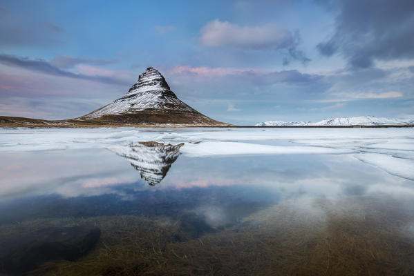 Reflection of Kirkjufell, Grundarfjörður, Snæfellsnes peninsula, Vesturland region, Iceland, Northern Europe 