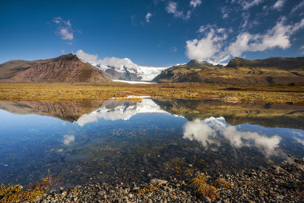 Reflection of glacier Svínafellsjökull, Hornafjörður, Austurland, Iceland, Northern Europe