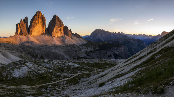 Tre Cime di Lavaredo at sunset, Dobbiaco, Bolzano, Trentino Alto Adige, Italy, Western Europe