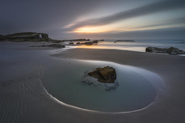 Playa de Las Catedrales at sunset, Ribadeo, Galicia, Spain, Iberian Peninsula, Western Europe