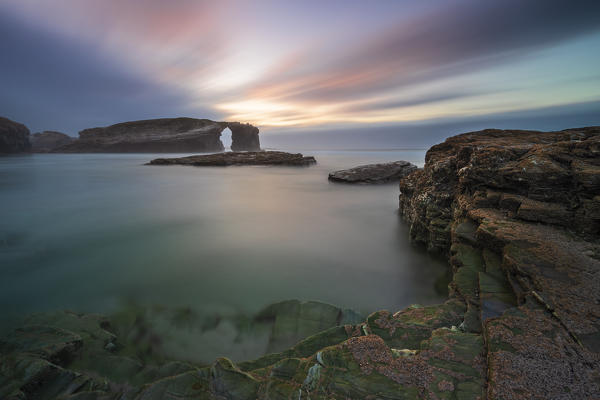 Playa de Las Catedrales at sunset, Ribadeo, Galicia, Spain, Iberian Peninsula, Western Europe