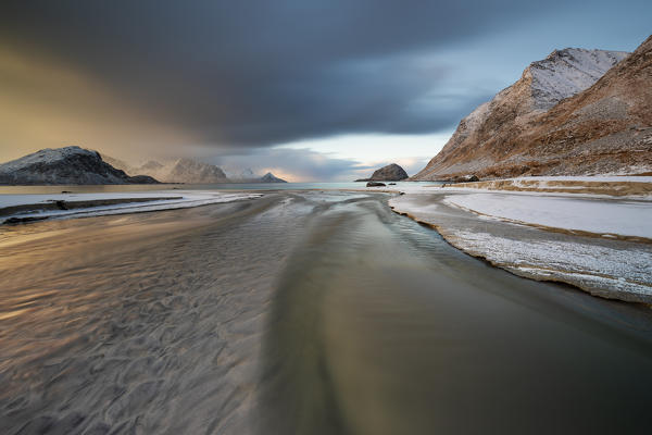 Haukland beach at sunset, Leknes, Lofoten, Nordland, Norway, Scandinavia, Northern Europe