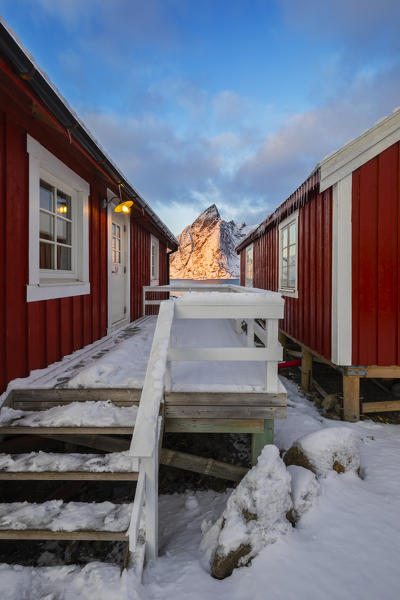 View of Rorbuer at sunrise, Hamnoy, Moskenes, Moskenesoya, Nordland, Lofoten, Norway, Northern Europe