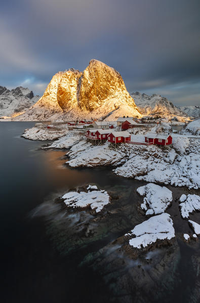 View from a bridge at sunrise over Hamnoy, Moskenes, Moskenesoya, Nordland, Lofoten, Norway, Northern Europe