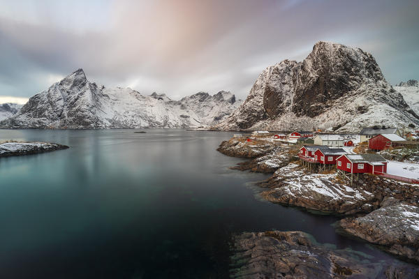 View of Hamnoy at sunset, Hamnoy, Moskenes, Moskenesoya, Nordland, Lofoten, Norway, Northern Europe