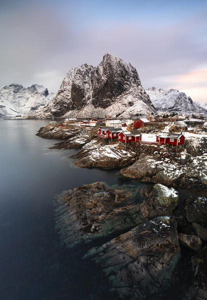 View of Hamnoy at sunset, Hamnoy, Moskenes, Moskenesoya, Nordland, Lofoten, Norway, Northern Europe