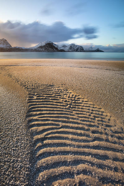 Haukland beach at sunset, Leknes, Lofoten, Nordland, Norway, Scandinavia, Northern Europe