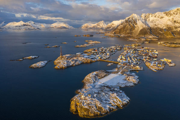 Sunset over Henningsvaer, Vågan, Austvågøy, Nordland, Lofoten, Norway, Northern Europe