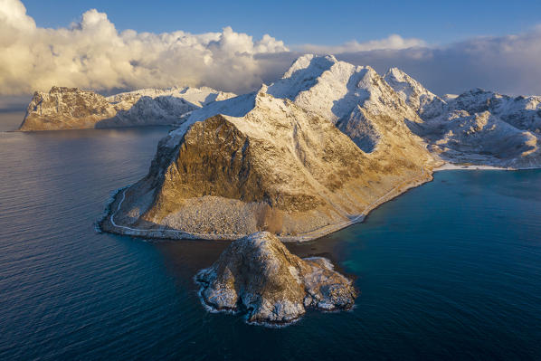 Aerial view of Uttakleiv and Haukland beach at sunrise, Leknes, Lofoten, Nordland, Norway, Scandinavia, Northern Europe