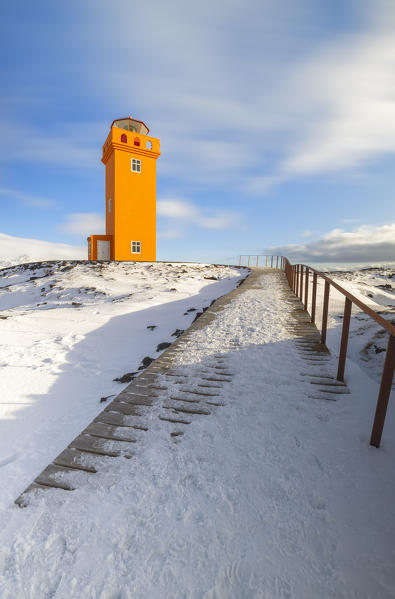Svortuloft lighthouse at sunset Hellisandur, Snæfellsnes peninsula, Iceland, Northern Europe