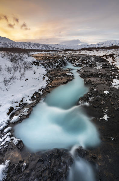Brúarárfoss waterfall at sunset, Brekkuskogur, Suðurland, Iceland, Northern europe