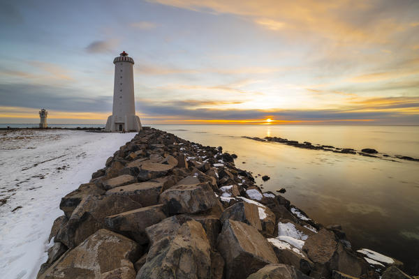 Akranes lighthouse at sunset, Vesturland, Iceland, Northern Europe