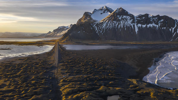 Aerial view of Vestrahorn at sunset, Stokksnes peninsula, Hofn, Austurland, Iceland , Northern Europe