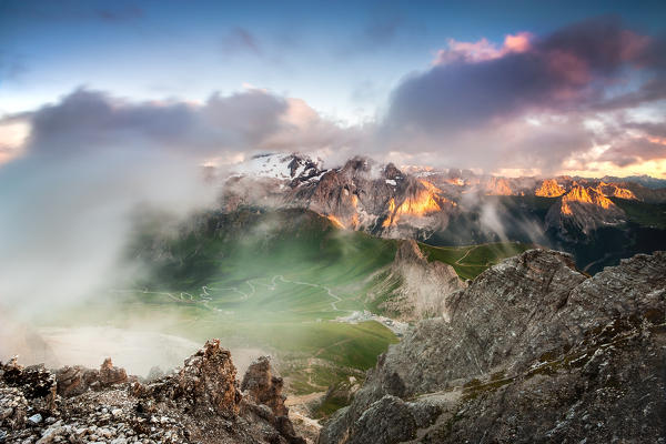 View from Sass Pordoi at sunset, Pass Pordoi, Trento, Trentino Alto Adige, Italy, Southern Europe
