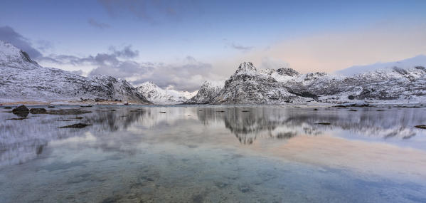 Dusk in a fjord near Flakstad, Flakstadoya, Nordland, Lofoten, Norway, Northern Europe
