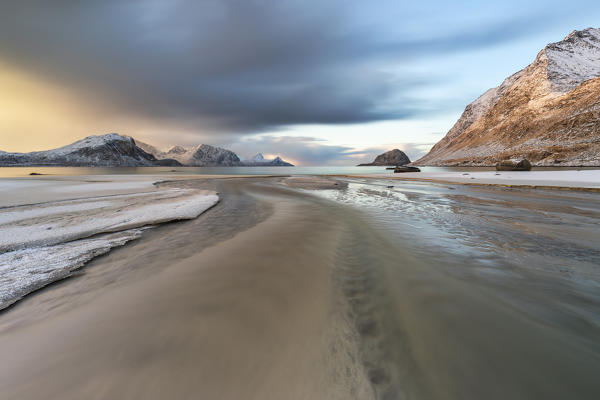 Haukland beach at sunset, Leknes, Lofoten, Nordland, Norway, Scandinavia, Northern Europe