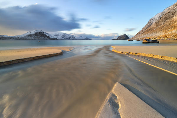 Haukland beach at sunset, Leknes, Lofoten, Nordland, Norway, Scandinavia, Northern Europe