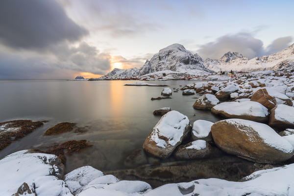 A I Lofoten at sunrise, Moskenesøya, Nordland, Lofoten, Norway, Northern Europe