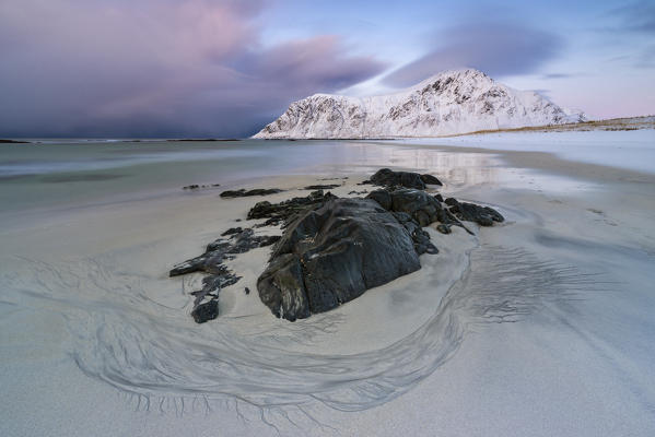 Sunset at Skagsanden beach, Flakstadoya, Nordland, Lofoten, Norway, Northern Europe
