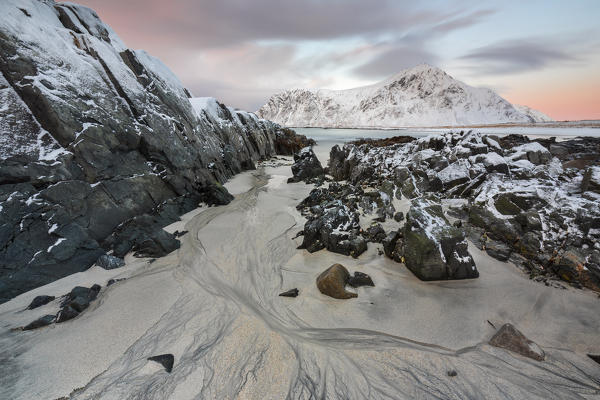 Sunset at Skagsanden beach, Flakstadoya, Nordland, Lofoten, Norway, Northern Europe