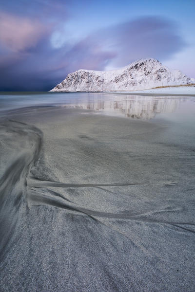 Sunset at Skagsanden beach, Flakstadoya, Nordland, Lofoten, Norway, Northern Europe