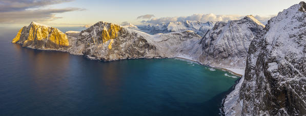 Panoramic aerial view of Kvalvika beach at sunrise, Fredvang, Flakstad, Moskenesøya, Nordland, Lofoten, Norway, Northern Europe