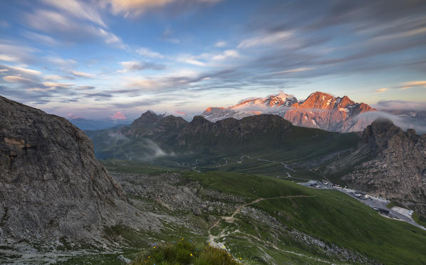 A view of Marmolada at sunset from Sass Pordoi, Belluno, Trento, Trentino Alto Adige, Veneto, Italy, Southern Europe