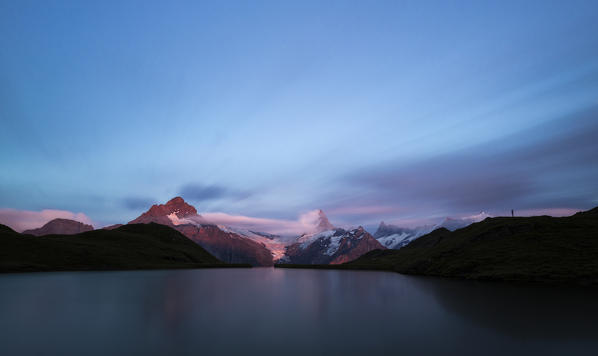 Last light at sunset over mountains from Bachalpsee, Jungfrau region, Canton Berna, Oberland, Switzerland, Western Europe