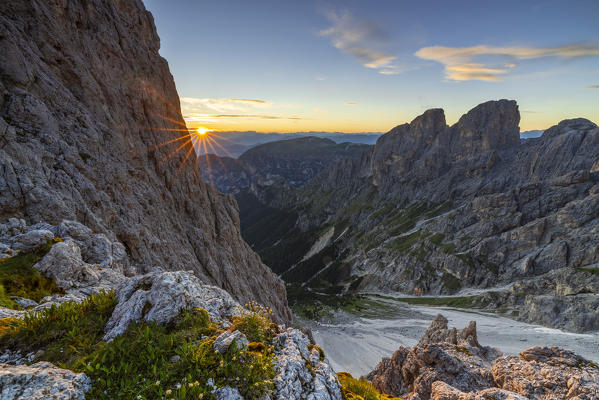 Sunset from Vajolet Towers, Catinaccio Group, Dolomiti di Gardena e di Fassa, Bozen, Trentino Alto Adige, Italy, Southern Europe