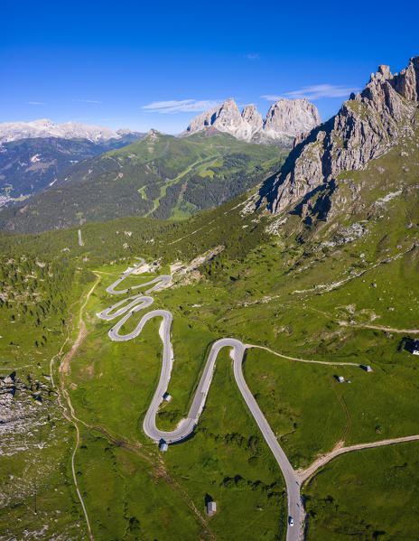 A view of Sassolungo and Sassopiatto from Pass Pordoi, Belluno, Trento, Trentino Alto Adige, Veneto, Italy, Southern Europe